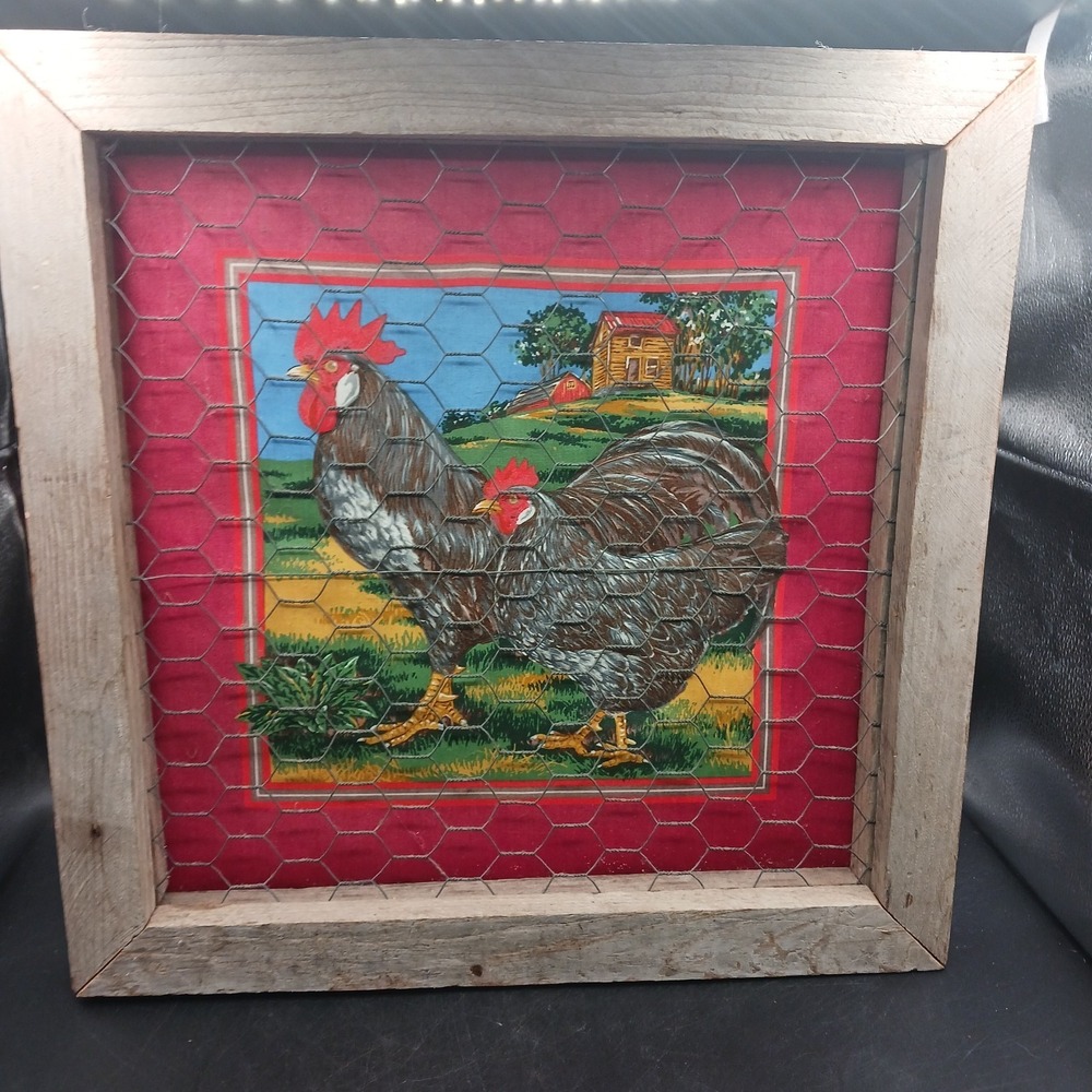 Framed Rustic Wall art Country Farm Homestead Chickens wire quilted fabric Wood